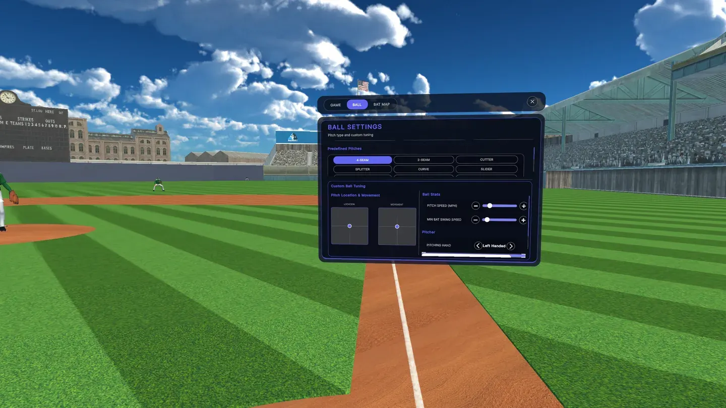 The BaseballX Ball Settings panel with pitch types, location and movement pads